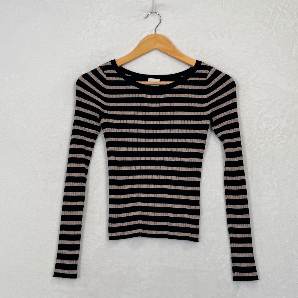A‎ New Day Black Tan Striped Ribbed Long Sleeve Top Small